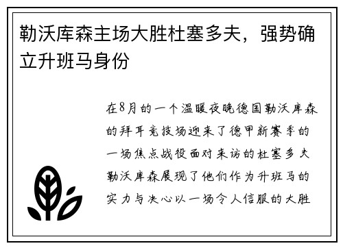 勒沃库森主场大胜杜塞多夫，强势确立升班马身份