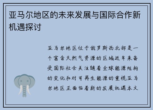 亚马尔地区的未来发展与国际合作新机遇探讨